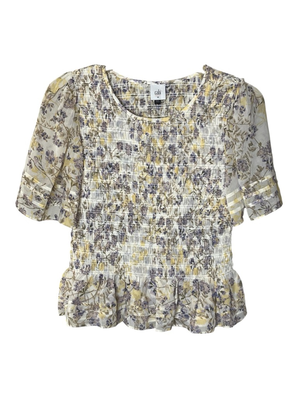 CAbi Floral Smocked Peplum Blouse in Cream, Yellow & Purple Sz M - Picture 2 of 6